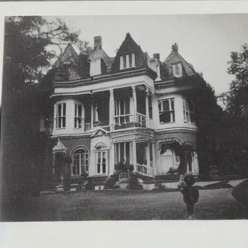 Prompt: vintage photograph of wealthy victorian mansion with family, ghost images and ectoplasm in the background, ghost hunting photograph