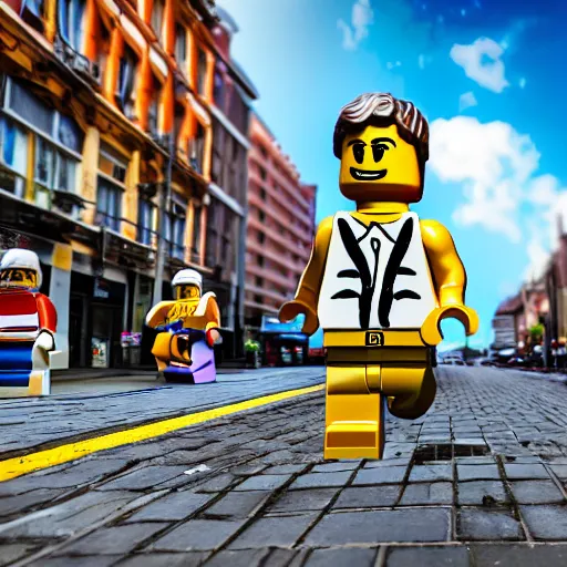 Image similar to hyperrealistic giant enormous lego minifigure walking over city street, street view, epic lighting, composition, view from ground, buildings, cars, sky, road, hd, hyperrealistic