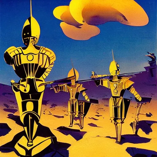 Prompt: a painting of shining metal medieval armors soldiers on the ground by eyvind earle by bruce pennington nicholas roerich, by frank frazetta, by amano, by georgia o keeffe, reflective metallic