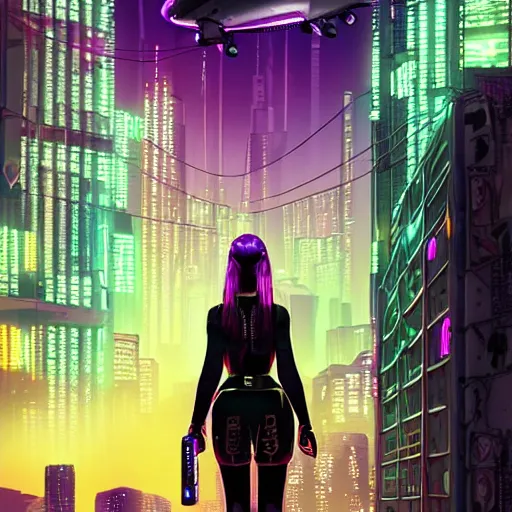 Prompt: book cover artwork of cyberpunk girl standing on a rooftop, short purple hair with undercut, realistic body shape, wearing long leather trenchcoat and black cargo pants. night time, neon cityscape background, flying blimp in the distance. 8 k