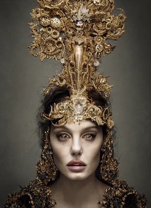 Prompt: a portrait of angelina jollie by stefan geselle and nekro borja, photorealistic, intricate details, hyper realistic, fantasy, elegant, baroque gold headpiece, photorealistic, canon r 3, photography, wide shot, symmetrical features, symmetrical pose, wide angle shot, head to toe, standing pose, feet on the ground, wearable art