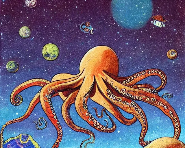 Prompt: an artist’s interpretation of an octopus wearing a space suit