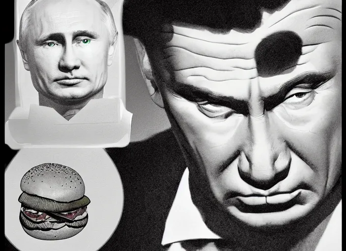 Image similar to face of a putin jammed between hamburger buns, leaking with puss, 4k, trending on artstation, Frank Frazetta, Norman Saunders