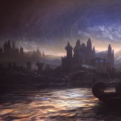 Image similar to irithyll of the boreal valley from dark souls 3, beautiful extremely detailed landscape oil on canvas in the style of 1 9 th century hudson river school of art