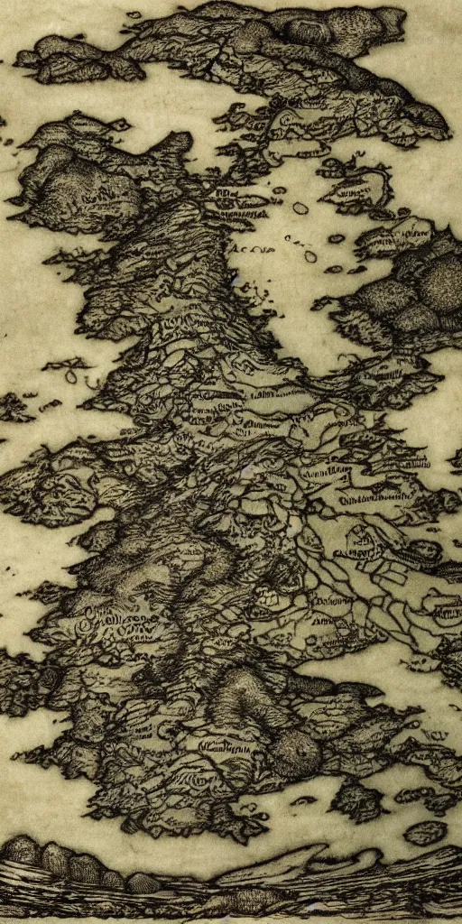 Image similar to old world fantasy style map of an island that looks like ireland, by arthur rackham and edmund dulac, HD, 4k, 8k, high detail!!, intricate, masterpiece, trending on artstation