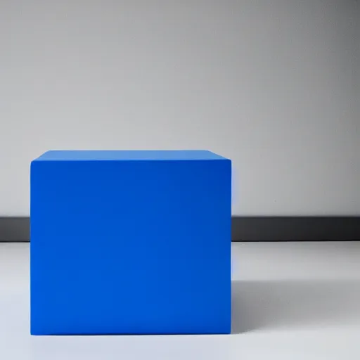 Prompt: single blue cube on studio floor, soft light