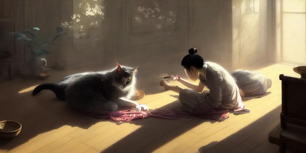 Image similar to japanese woman sewing on floor while a cat napping behind her, dim light, extremely detailed digital painting, in the style of fenghua zhong and ruan jia and jeremy lipking and peter mohrbacher, mystical colors, rim light, beautiful lighting, 8 k, stunning scene, raytracing, octane, trending on artstation