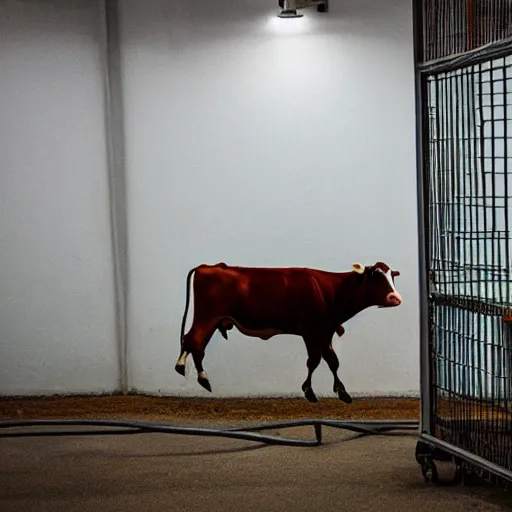 Image similar to cow running from a cage to a light of freedom