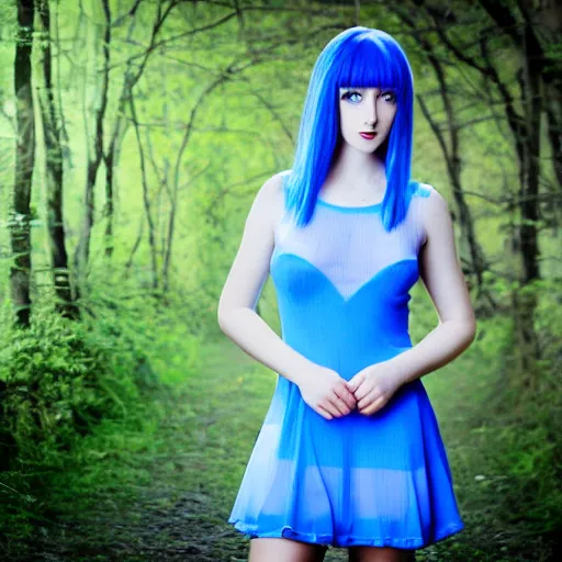 Prompt: blue haired blue eyes girls wearing blue mini dress, back photo, pretty face, studio photo, uhd, 4k