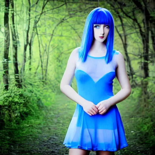 Image similar to blue haired blue eyes girls wearing blue mini dress, back photo, pretty face, studio photo, uhd, 4k