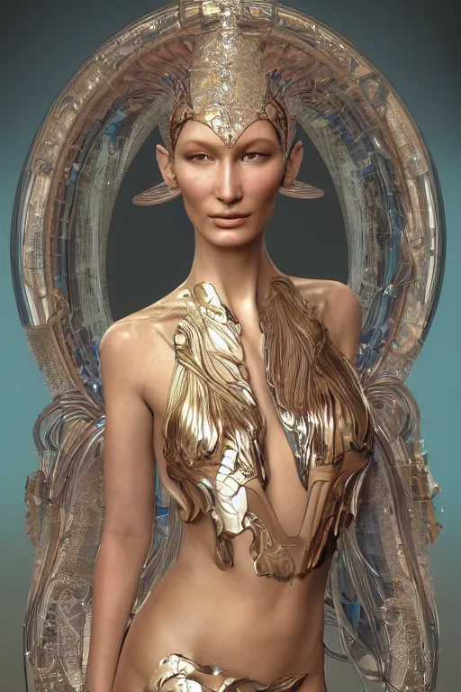 Image similar to a portrait of a beautiful ancient alien woman goddess bella hadid aphrodite standing in iris van herpen dress jewelery and fractals in style of alphonse mucha art nuvo dmt trending on artstation made in unreal engine 4