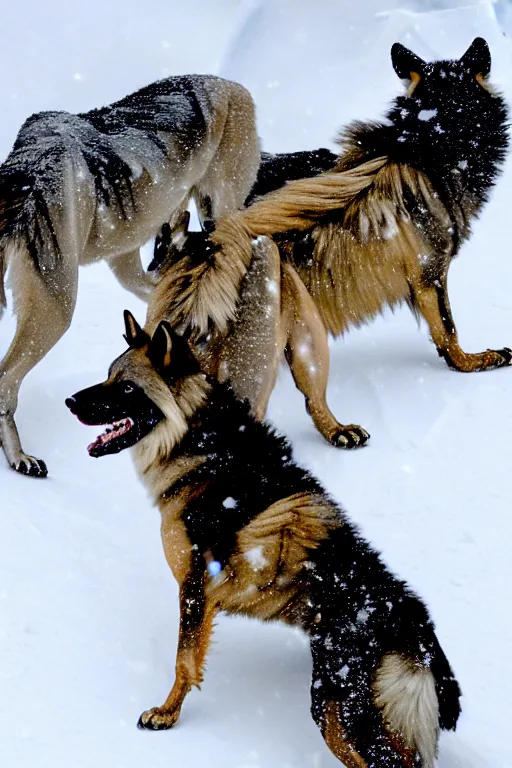 Prompt: kylie jenner mountain climbing on everest with wolves and african wild dogs in a snowstorm