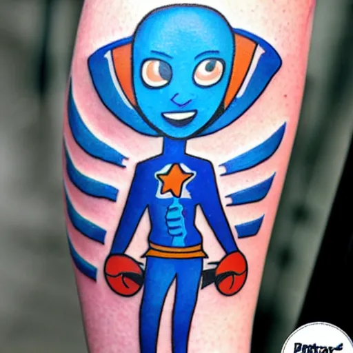 Prompt: new school tattoo of blue alien holding a ray gun