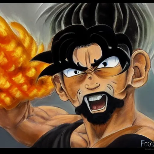 Prompt: an oil painting of a igoku wearing a hip - hop rap hat drawn by frank frazetta, hd, hdr, ue 5, ue 6, unreal engine 5, 3 d, cinematic 4 k wallpaper, 8 k, ultra detailed, high resolution, artstation, award - winning pencil drawing