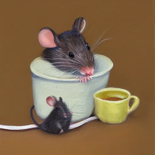 Image similar to A mouse cozied up for the evening sipping tea, oil painting