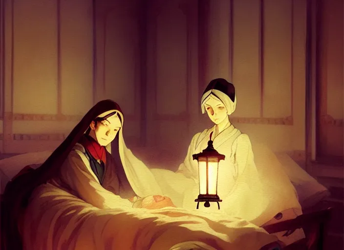 Image similar to 1 8 5 5 crimea, army hospital at night, florence nightingale holding lamp watching over sleeping patient, finely detailed perfect art, painted by greg rutkowski makoto shinkai takashi takeuchi studio ghibli