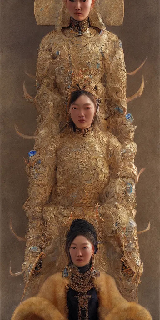 Image similar to mongolian queen, masterpiece by Edgar Maxence and Ross Tran and Michael Whelan, 8k, octane render