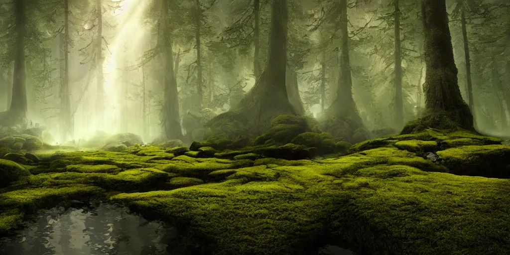 Image similar to keyboard engulfed by moss, by James Gurney, John Harris, first-person view, Volumetric lighting, dramatic lighting, photorealistic, cinematic lighting, high detail, cinematic feel, high octane, 4K, Unreal Engine, digital render, intricate, ultra realistic, concept art