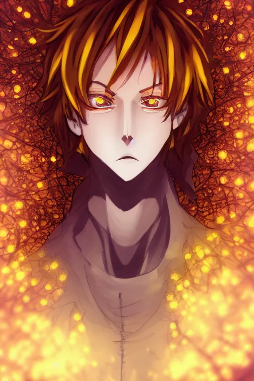 Image similar to amber glowing luminescent dandelion male anime character, symmetrical, highly detailed, digital art, sharp focus, trending on art station, amber eyes, autumnal colours