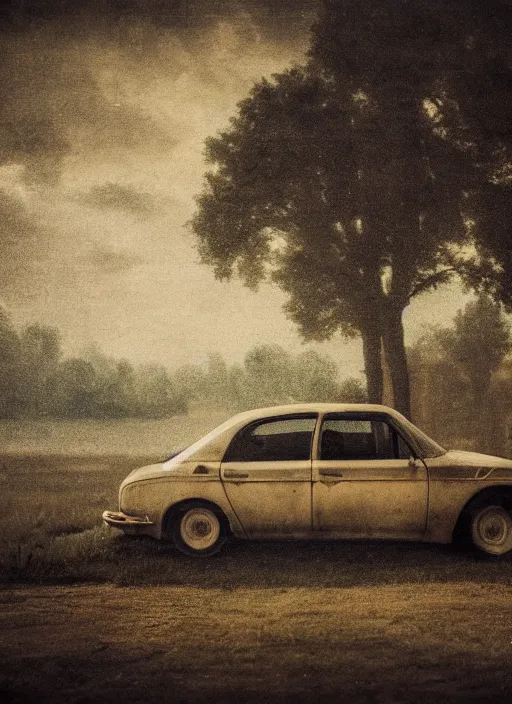 Image similar to car, in the style of the Dutch masters and Gregory Crewdson, dark and moody