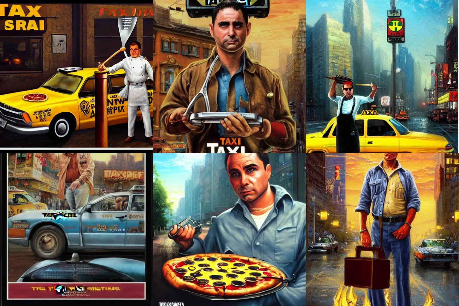 Prompt: Taxi Driver poster artwork by Michael Whelan Rendering of a chef using weird tools on his pizza, full of details by thomas kinkade, Matte painting, trending on artstation,