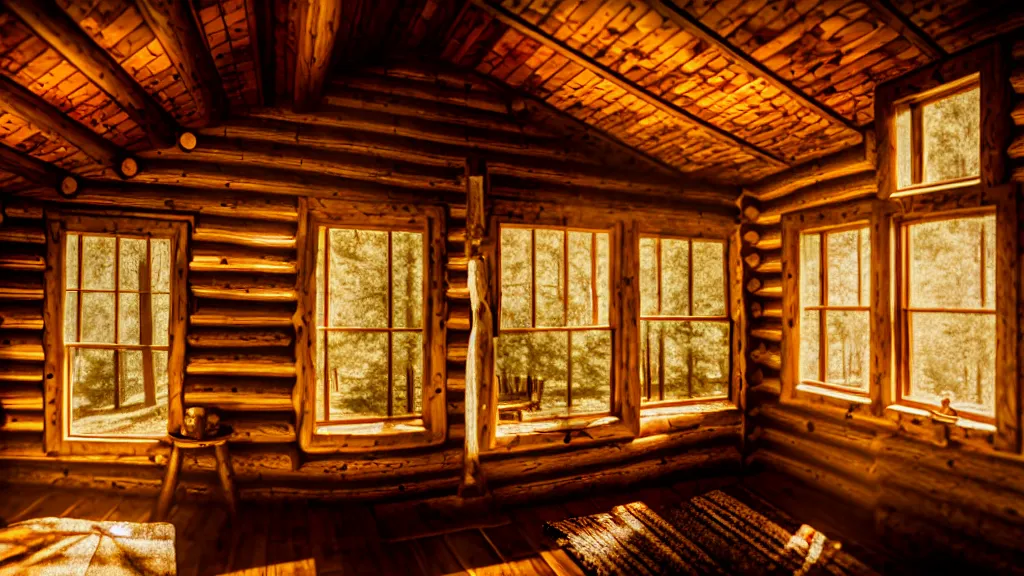 Image similar to inside an old log cabin, the summer midday light comes in through a window and dimly illuminates the room, softened diffuse light, photorealism, photo taken with canon EOS 5D and 35 mm lens