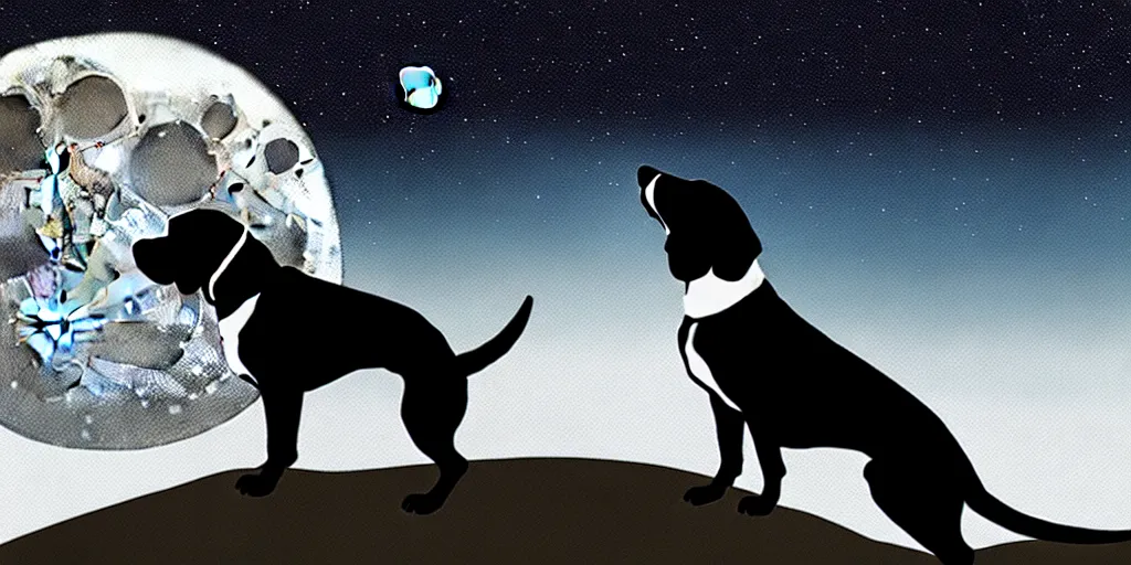 Image similar to highly detailed illustration of black beagle watching the moon