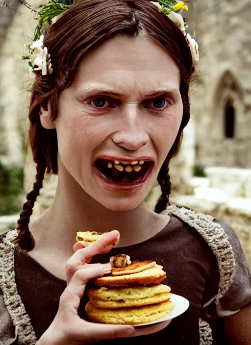 Prompt: closeup portrait of a medieval goblin eating cakes in the cloisters, depth of field, zeiss lens, detailed, symmetrical, centered, fashion photoshoot, by Annie Leibovitz and Steve McCurry, David Lazar, Jimmy Nelsson, Breathtaking, 8k resolution, extremely detailed, beautiful, establishing shot, artistic, hyperrealistic, beautiful face, octane render