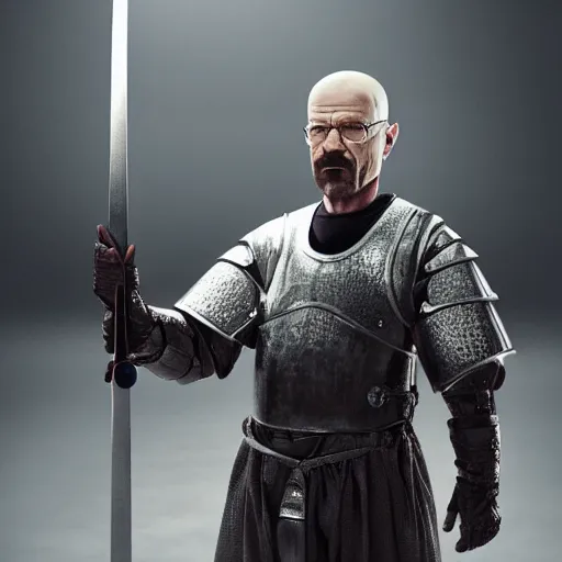 Image similar to walter white from breaking bad wearing knight armor and holding a sword, 4 k, hyper realistic