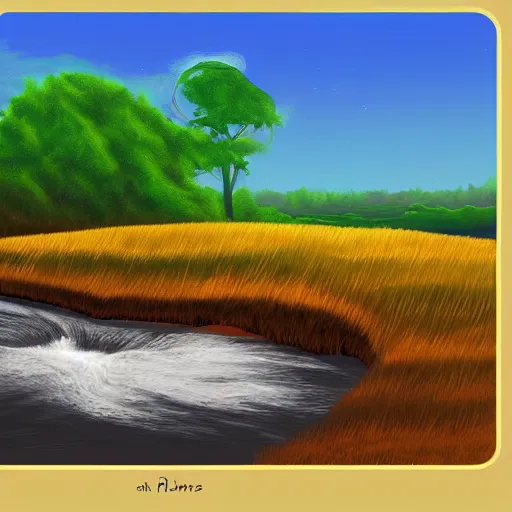 Image similar to digital art painting of a river running through the plains, very mediocre, not detailed at all.