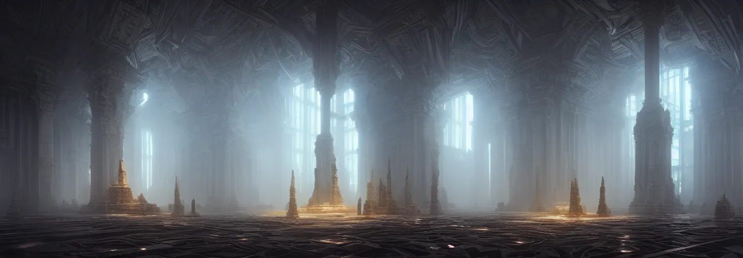 Prompt: entropia of universe epic cinematic massive fractal megastructure in the temple monumental architecture, volumetric light from the windows : hyper realism : dark energy : octane render : artstation : greg rutkowski : loish : ferdinand knab