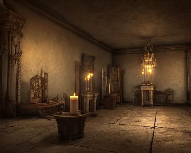 Image similar to the interior of a castle, rendered with ray tracing, volumetric lighting, smooth lighting, high detail shadows, moody lighting, candle lighting, high definition, large resolution