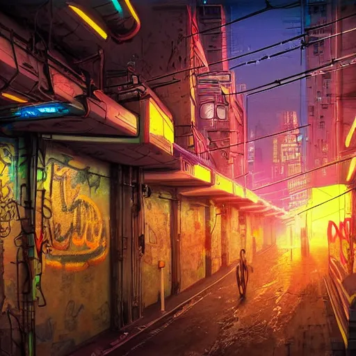 Prompt: graffiti on a wall in a cyberpunk city, happy mood, futuristic, high detail, sunset, realistic