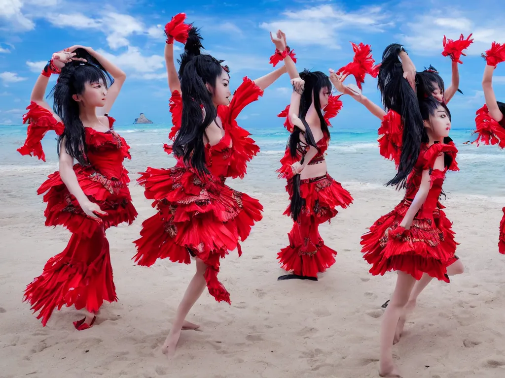 Image similar to babymetal 3 beautiful members performing on a tropical beach beautiful scenery, highly detail face, dynamic pose, High Definition detail, 8K, photography