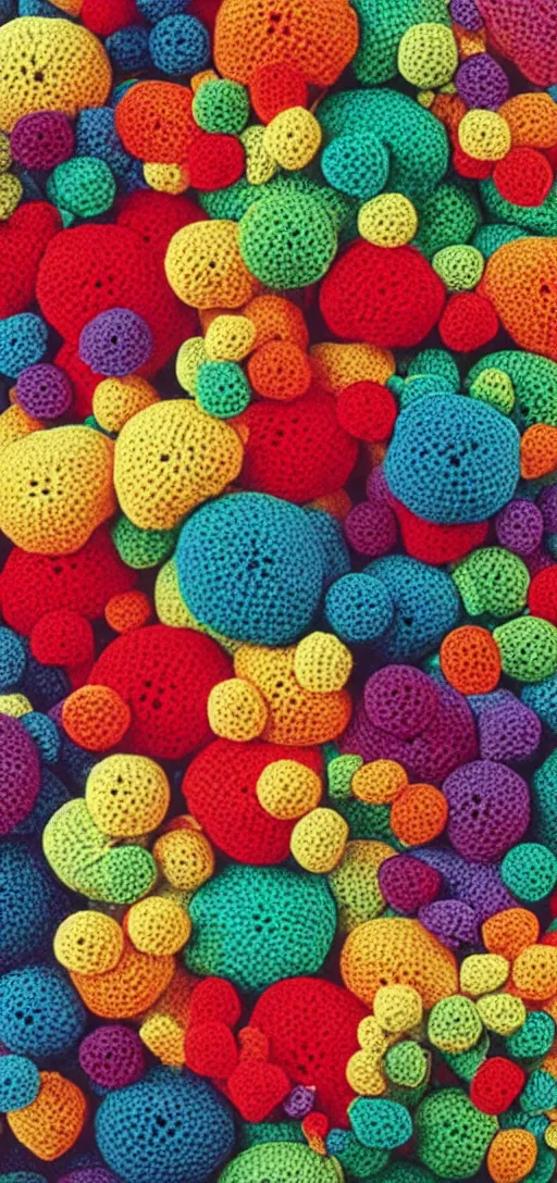 Prompt: multicolored crocheted blobs and pieces, 1 9 8 0 s catalogue photo