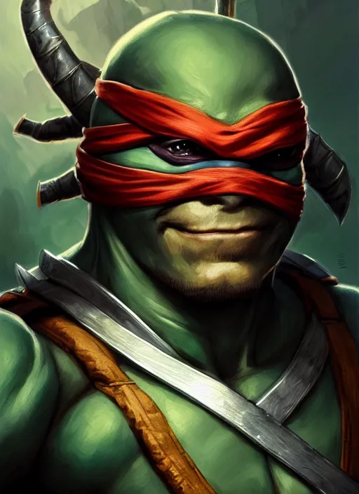 Prompt: Portrait of ninja turtle, D&D, muscular, fantasy, intricate, elegant, highly detailed, digital painting, artstation, concept art, smooth, sharp focus, illustration, art by artgerm and greg rutkowski and alphonse mucha