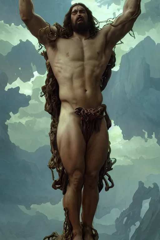 Image similar to crucified hulking herculean ogre jesus christ, masterpiece, intricate, elegant, highly detailed, digital painting, artstation, concept art, smooth, sharp focus, illustration, art by artgerm and greg rutkowski and alphonse mucha and uang guangjian and gil elvgren and sachin teng, symmetry!!