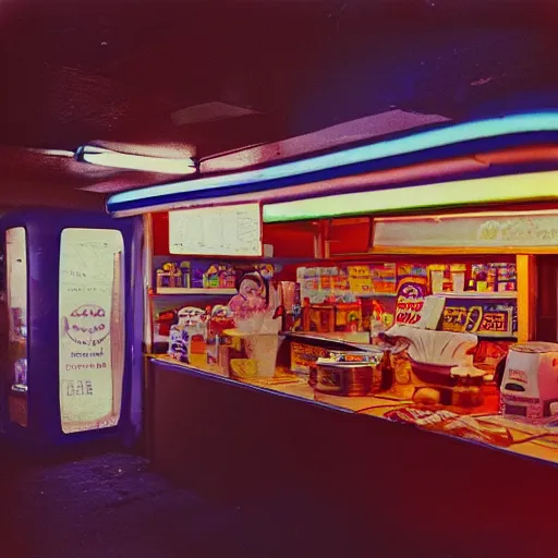 Prompt: a cup of tea on the counter, inside of a 1970s convenience store, neon lights, dirty, ektachrome photograph, volumetric lighting, f8 aperture, cinematic Eastman 5384 film