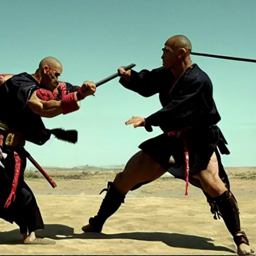 Prompt: Samurai John Cena vs samurai the rock, fight scene , a duel , film still
