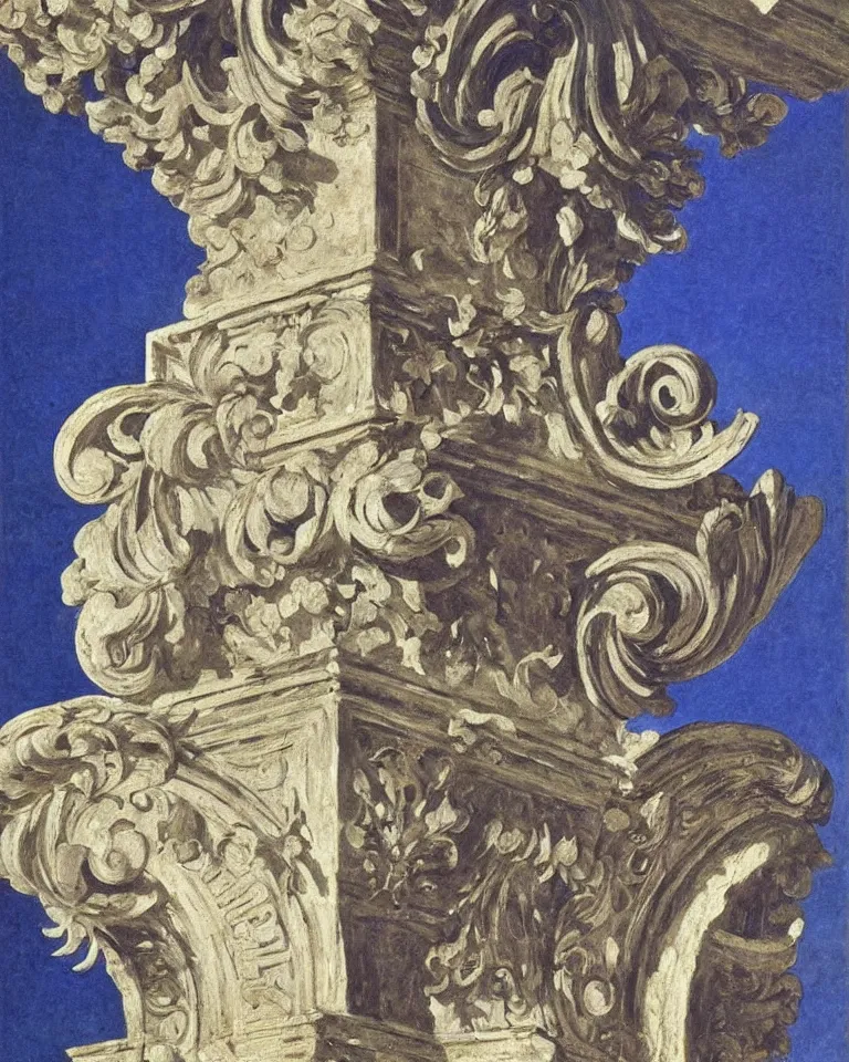 Image similar to achingly beautiful painting of intricate ancient roman corinthian capital on brilliant sapphire background by rene magritte, monet, and turner. giovanni battista piranesi.