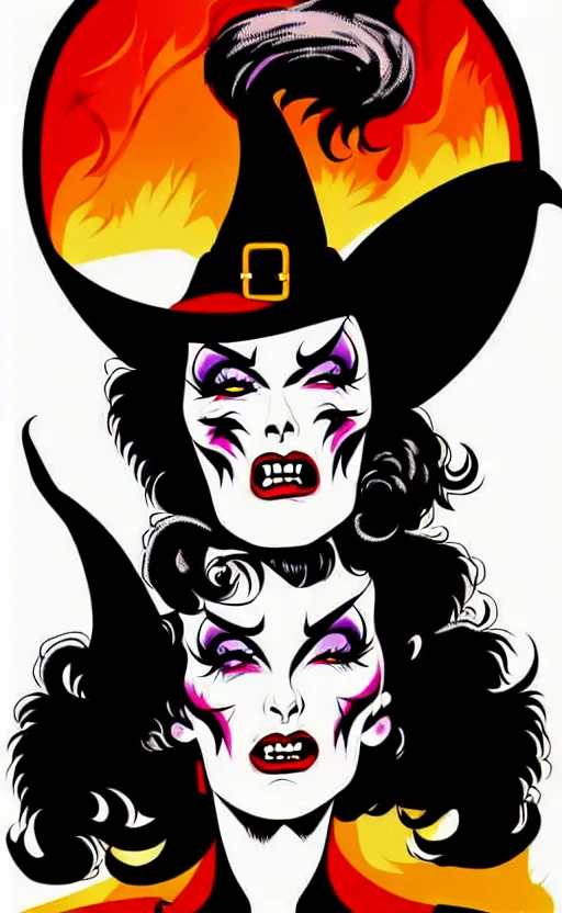 Prompt: witches, detailed faces, psychobilly, rockabilly, punk, full body, white background, vector art, illustration by frank frazetta