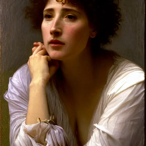 Prompt: Emma Thompson as Ophelia in Hamlet, detailed oil painting by William Adolphe Bouguereau