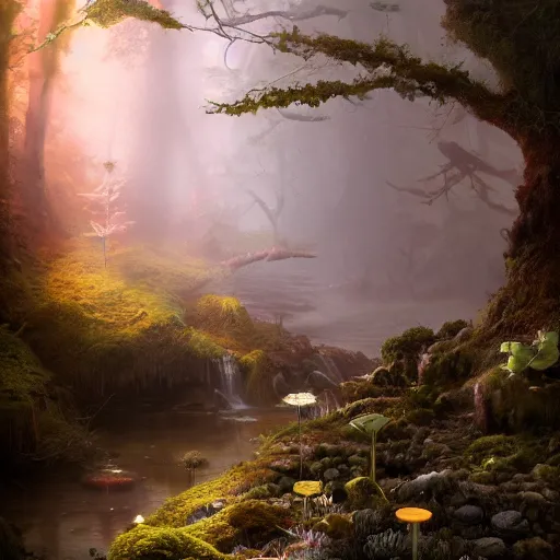 Prompt: soft painting render curiosities alien desolated world pond vegetation rocks, beautiful fox covered moss scintillating, accurate features, focus, very intricate ultrafine details, random volumetric lighting, dense fog, award winning masterpiece, octane render 8 k hd, artstation, tom bagshaw