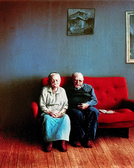 Image similar to early color photo of an old couple sitting on a couch in an old wooden cabin, Beksinski painting, part by Adrian Ghenie and Gerhard Richter