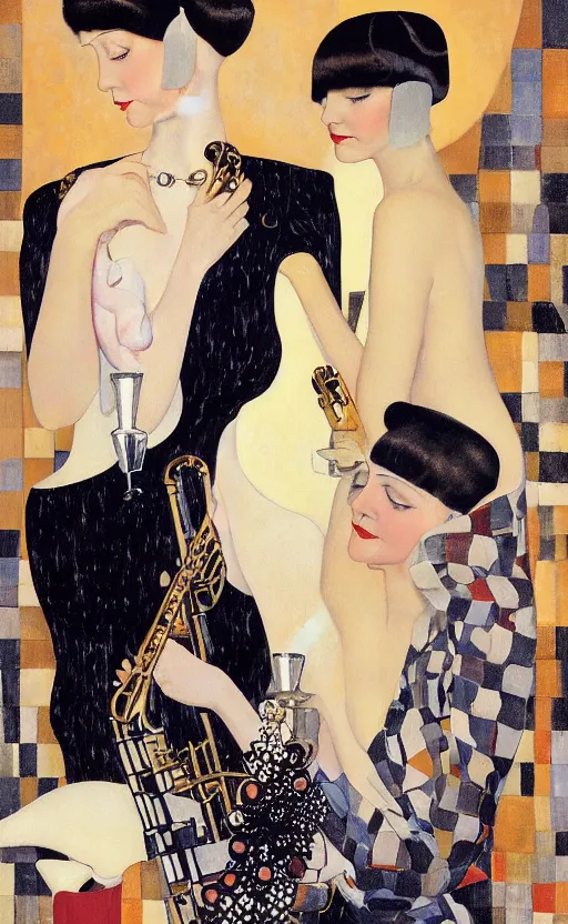 Image similar to an oil painting of jazz age high society life, 1920s style, smooth, highly detailed, high contrast, by Klimt, Coles Phillips, Dean Cornwell, JC Leyendecker, 8K