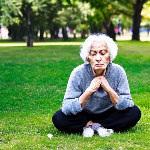 Image similar to an older woman with copd sitting in a park on oxygen, 4 k,