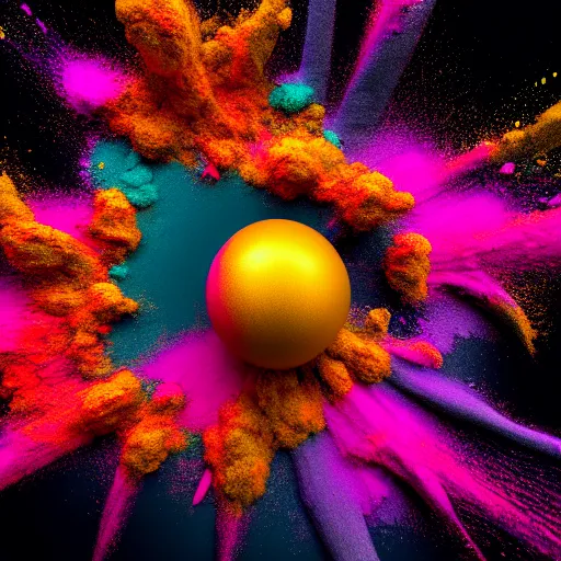 Prompt: color powder explosion on black background, particles, fine detail, hyperrealism, james jean and jackson pollock and damien hirst, golden ratio, fractal, sharp focus, octane render, artstation, vfx