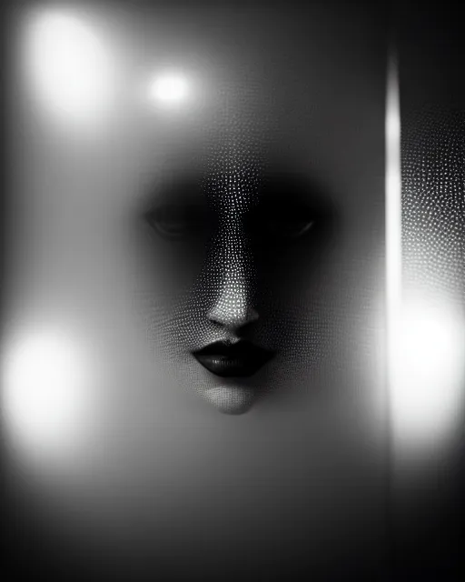 Prompt: black and white high quality photo of a beautiful female AI vegetal-cyborg looking into a sci-fi mirror, volumetric lighting, liminal space, brutalism, foggy, dreamy, shiny, hyperdetailed, bokeh, photorealistic, cinematic, masterpiece, Metropolis, elegant, dark, by Man Ray in the style of Horst P. Horst, octane render, 8K,