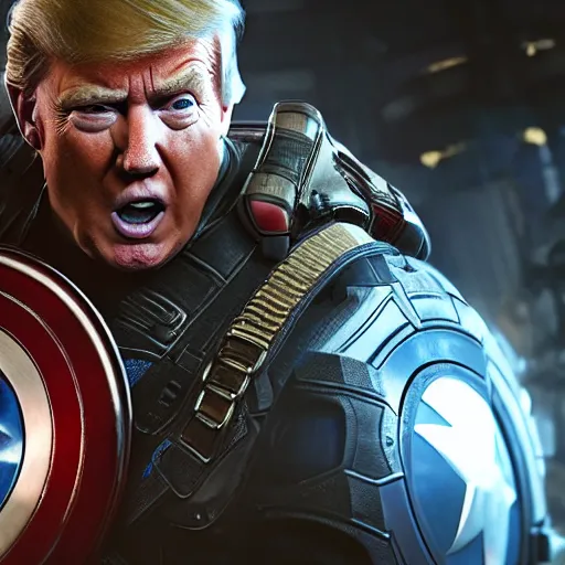 Image similar to portrait of donald trump as captain america in gears of war, splash art, maga, patriot, movie still, cinematic lighting, dramatic, glowing, ray tracing, octane render, long lens, shallow depth of field, bokeh, anamorphic lens flare, 8 k, hyper detailed, 3 5 mm film grain