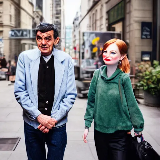 Image similar to Mr Bean dating Emma Stone, TMZ, XF IQ4, f/1.4, ISO 200, 1/160s, 8K, Sense of Depth, color and contrast corrected, Nvidia AI, Dolby Vision, symmetrical balance, in-frame